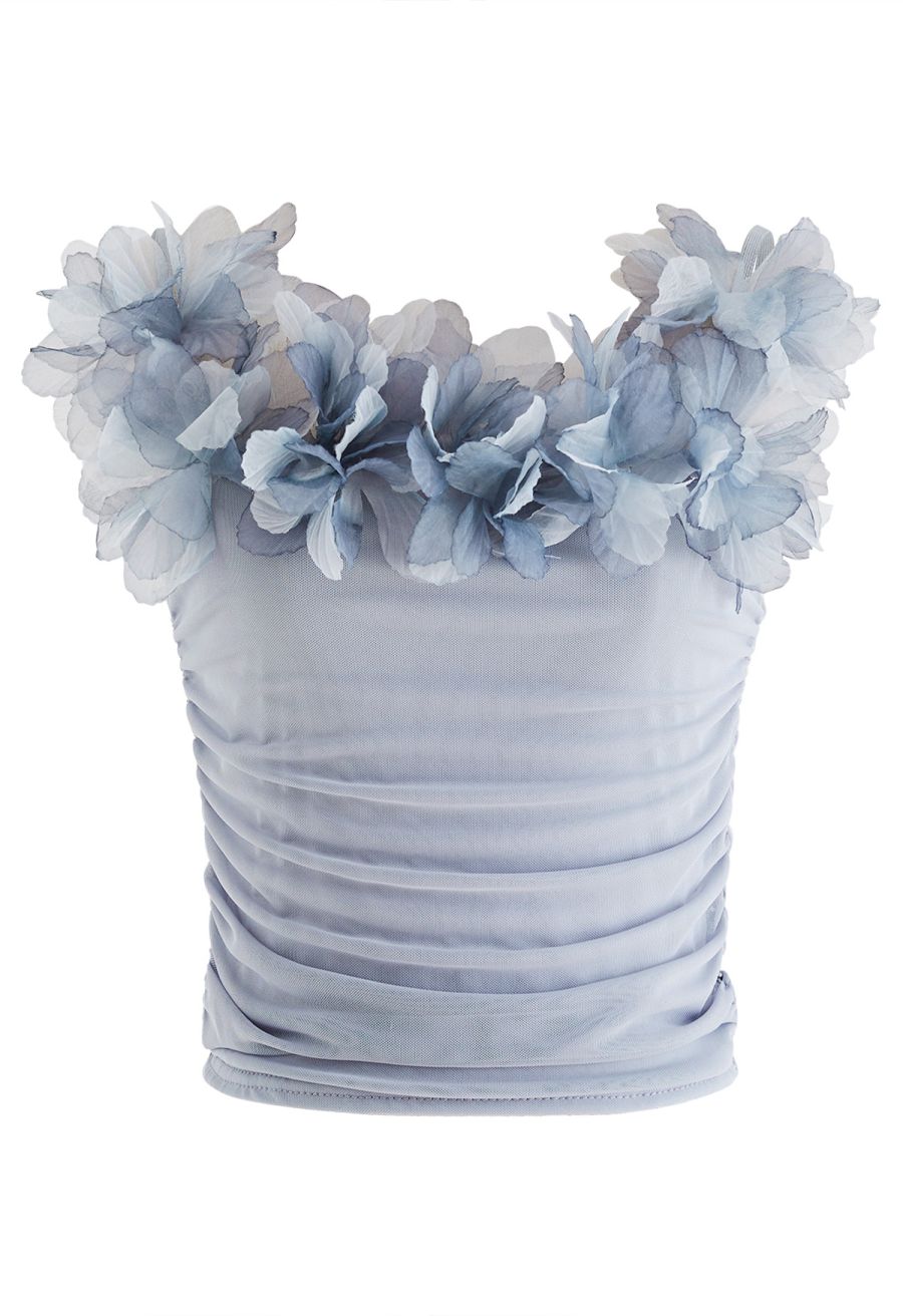3D Petal Ruched Soft Mesh Cami Top in Dusty Blue
