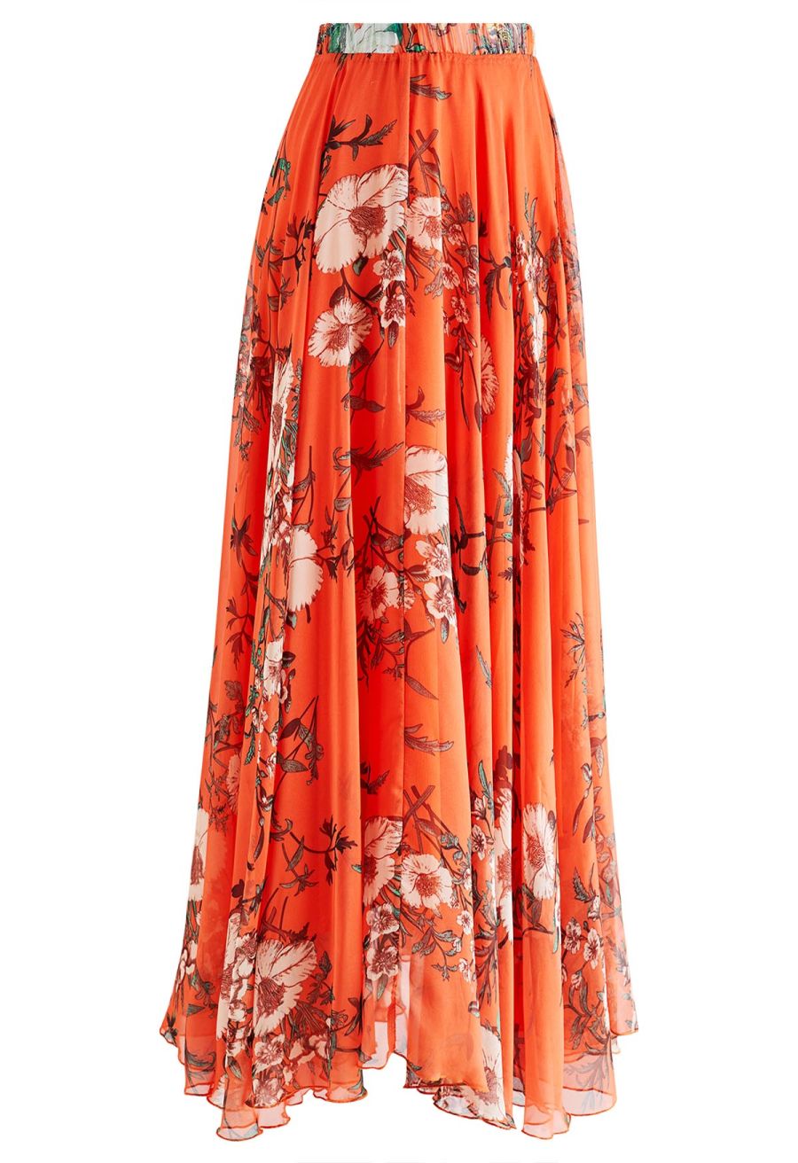 Orange Bouquet Printed Chiffon Maxi Skirt