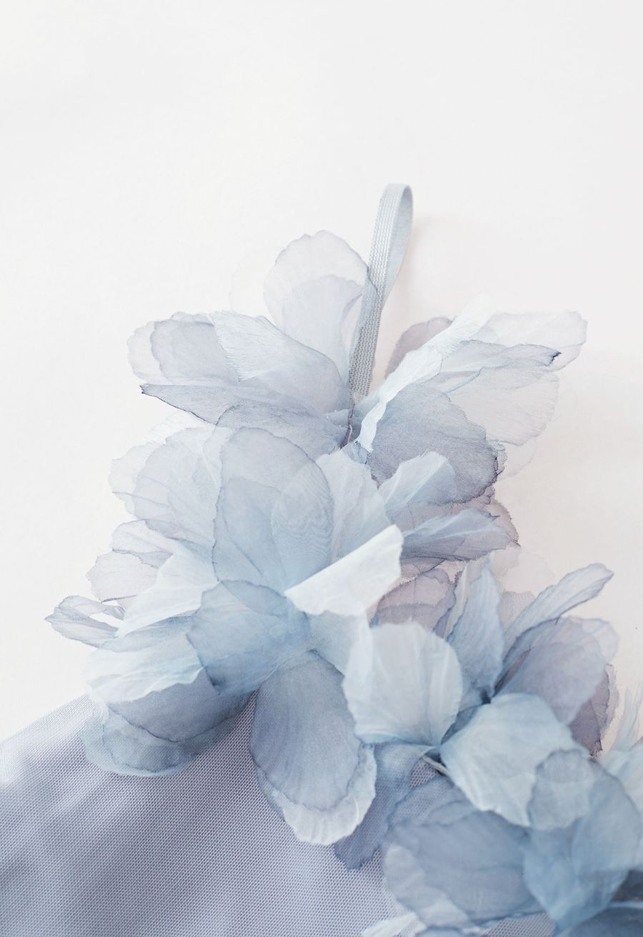 3D Petal Ruched Soft Mesh Cami Top in Dusty Blue