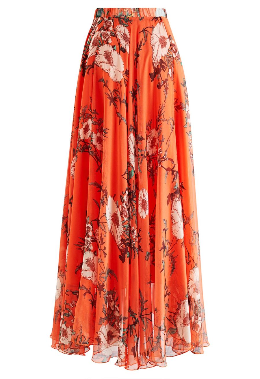 Orange Bouquet Printed Chiffon Maxi Skirt