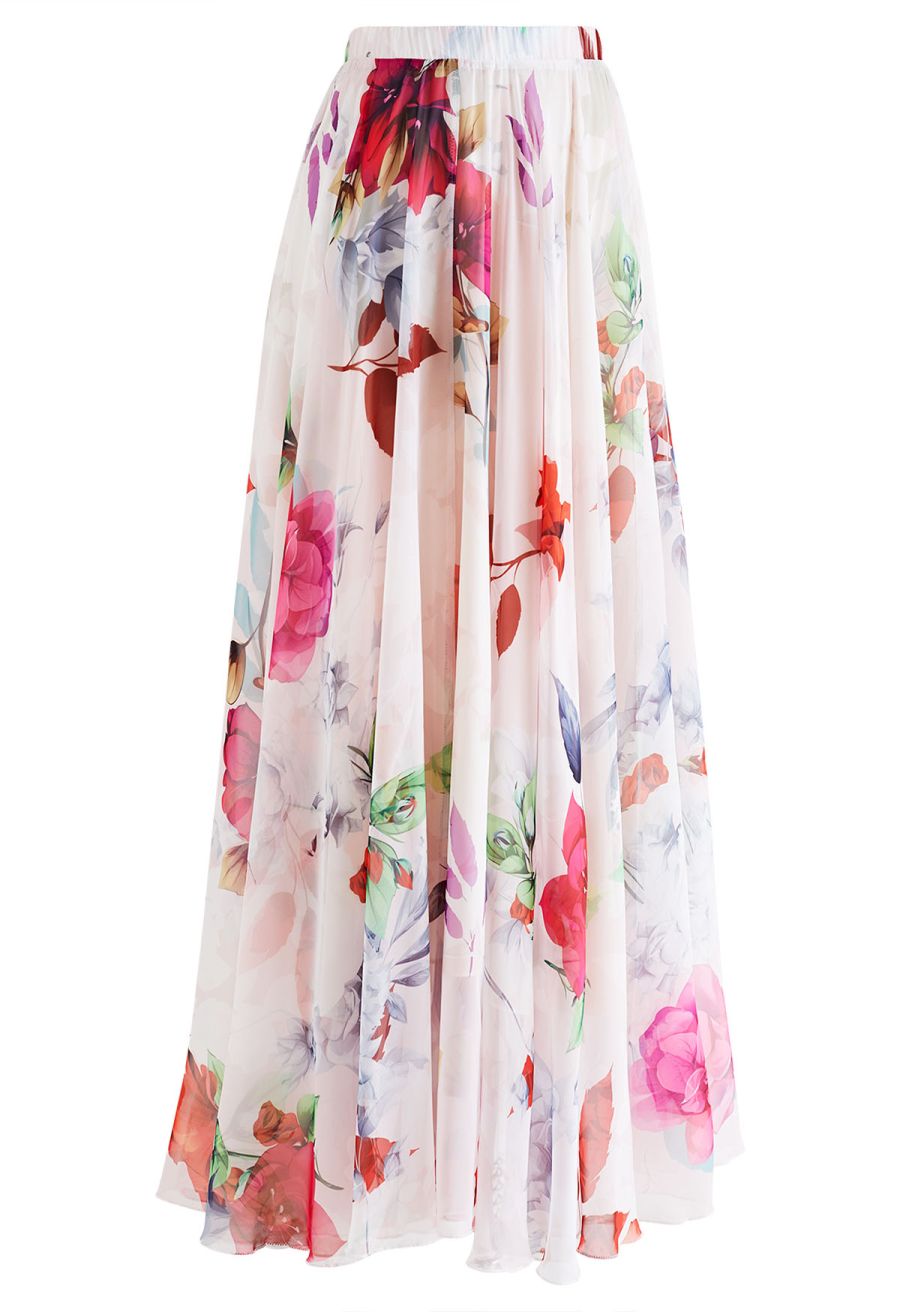 Best Blooms Rose Printed Chiffon Maxi Skirt in Blush