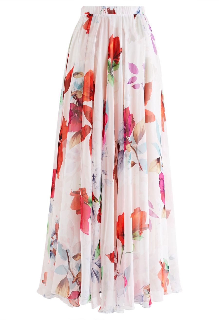 Best Blooms Rose Printed Chiffon Maxi Skirt in Blush