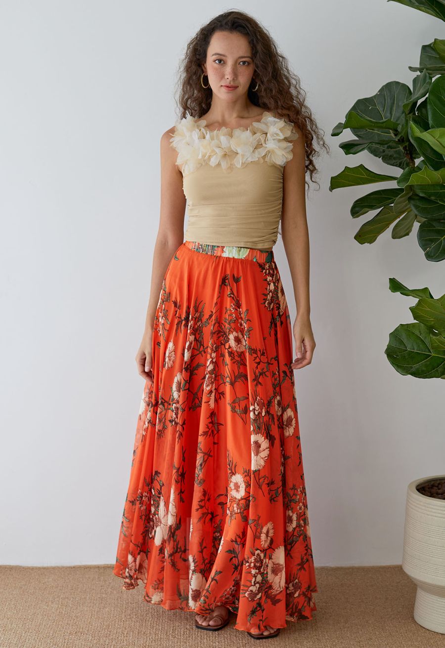 Orange Bouquet Printed Chiffon Maxi Skirt