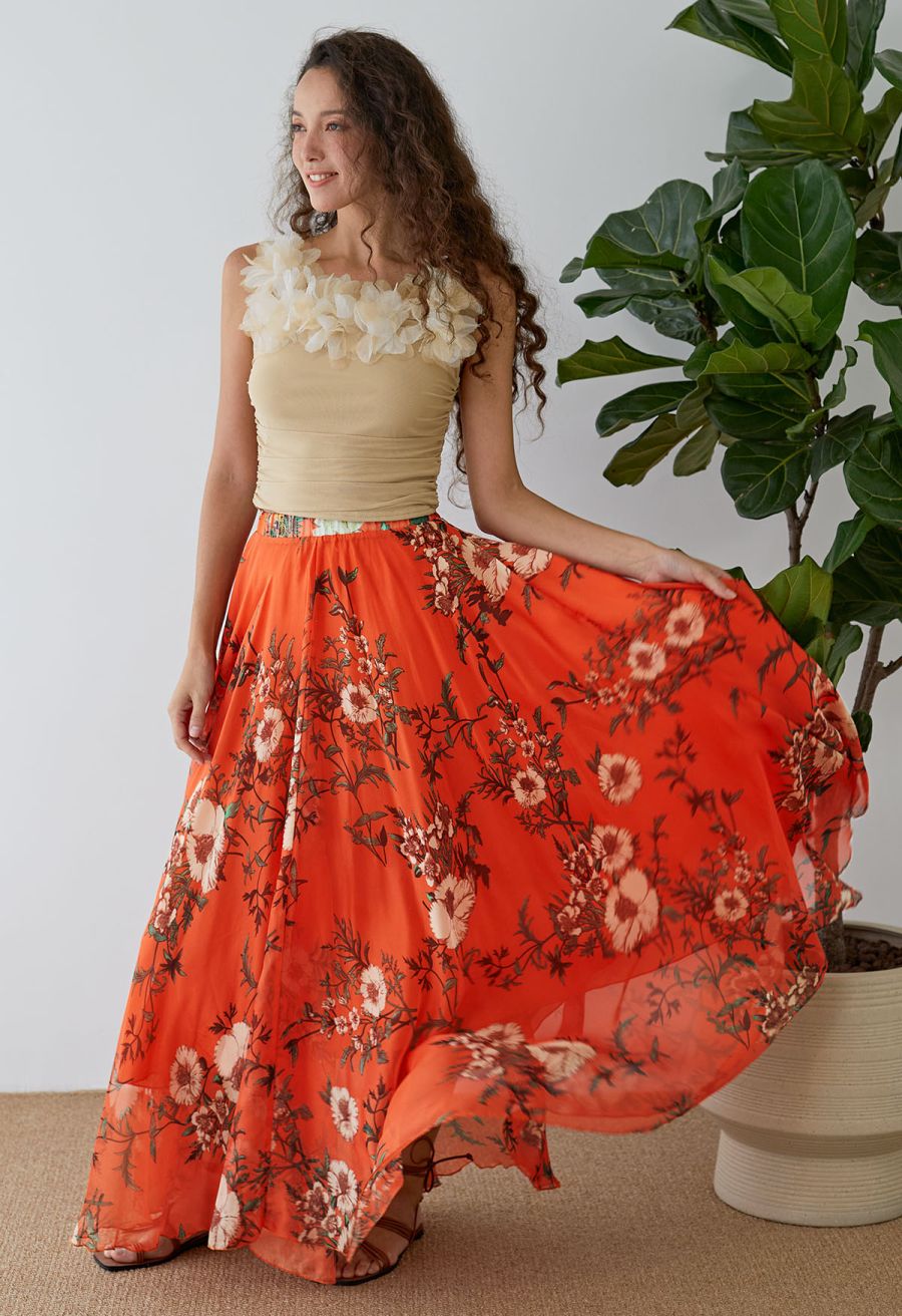 Orange Bouquet Printed Chiffon Maxi Skirt