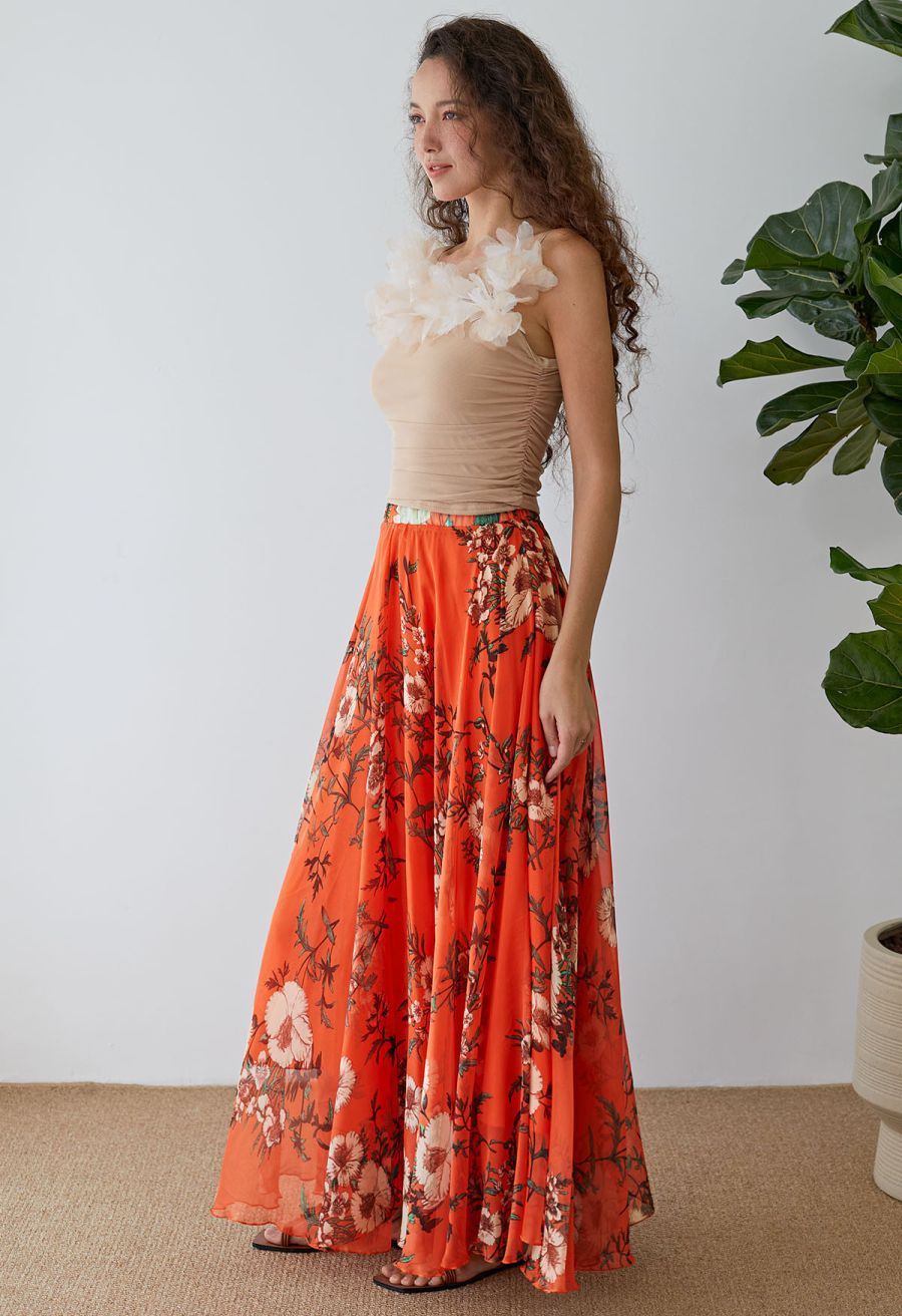 3D Petal Ruched Soft Mesh Cami Top in Light Tan