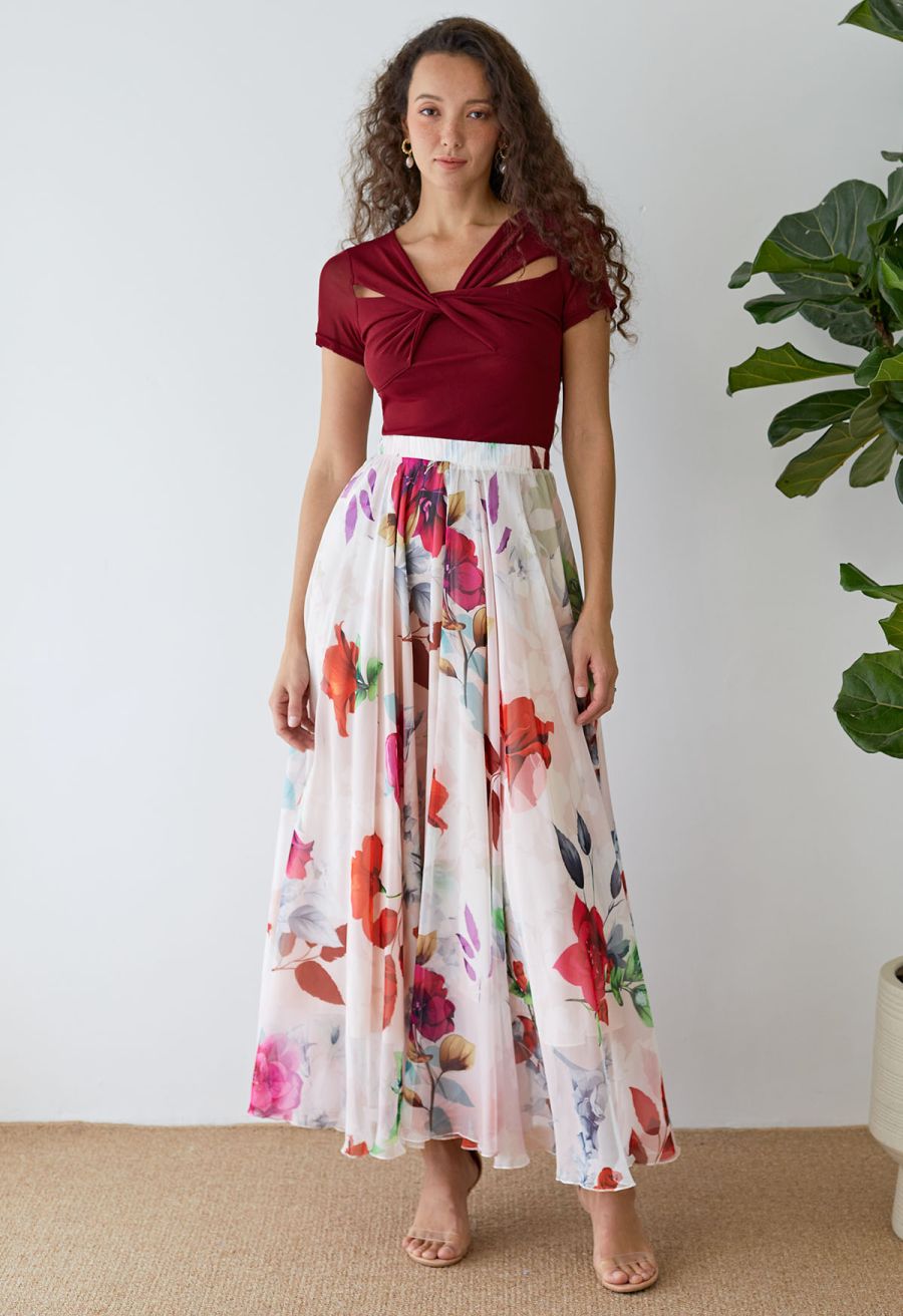 Best Blooms Rose Printed Chiffon Maxi Skirt in Blush