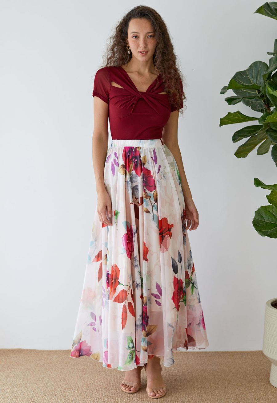 Best Blooms Rose Printed Chiffon Maxi Skirt in Blush
