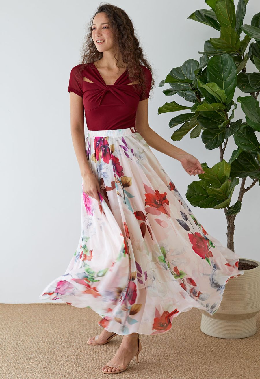 Best Blooms Rose Printed Chiffon Maxi Skirt in Blush