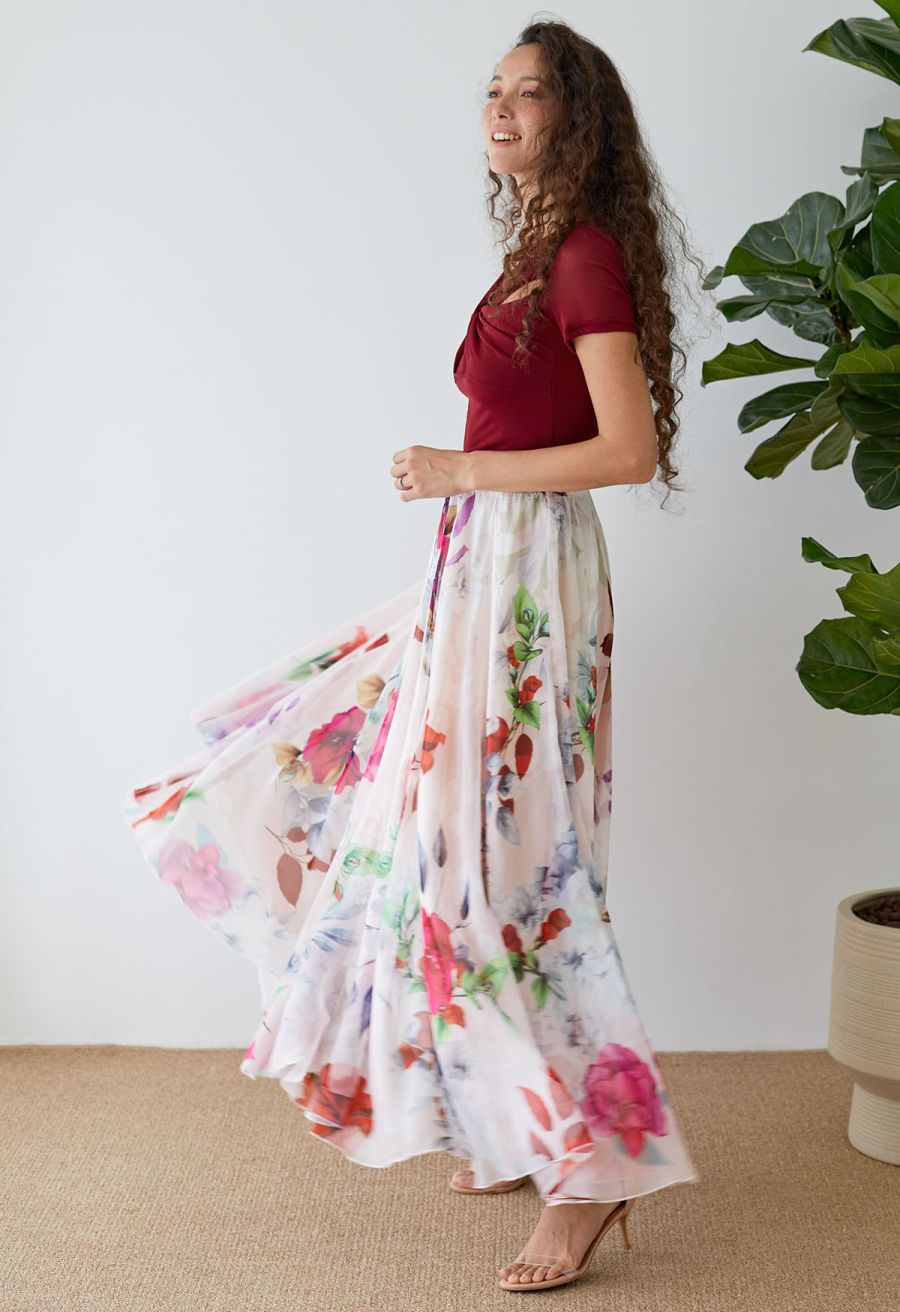 Best Blooms Rose Printed Chiffon Maxi Skirt in Blush