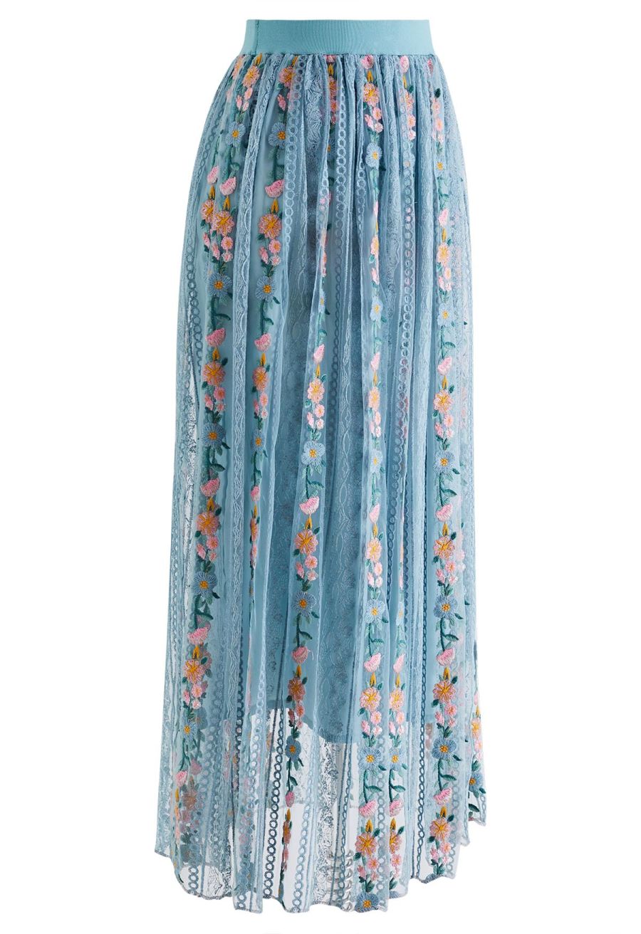 Flower Chain Embroidered Mesh Skirt in Dusty Blue