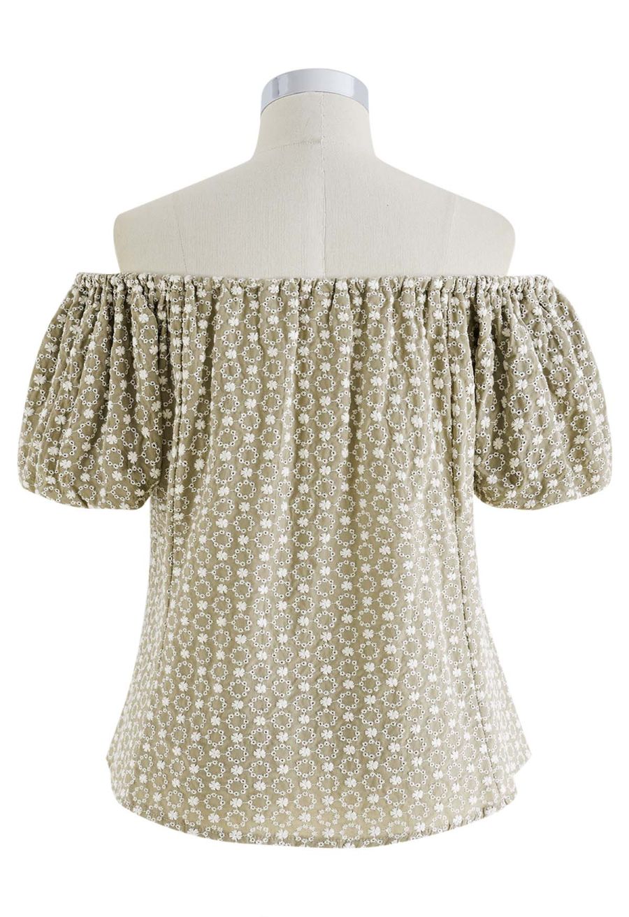 Floret Embroidered Eyelet Off-Shoulder Dolly Top in Sage
