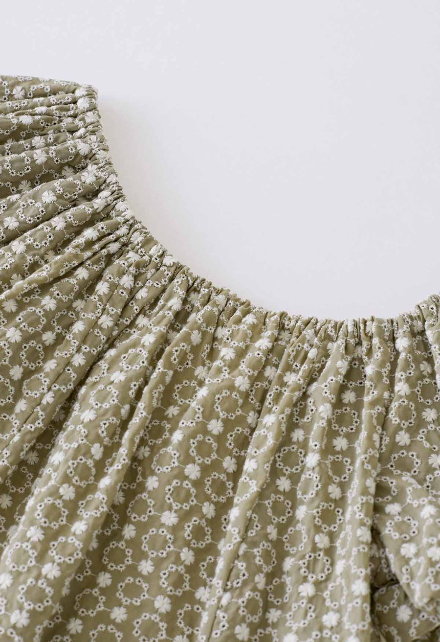 Floret Embroidered Eyelet Off-Shoulder Dolly Top in Sage