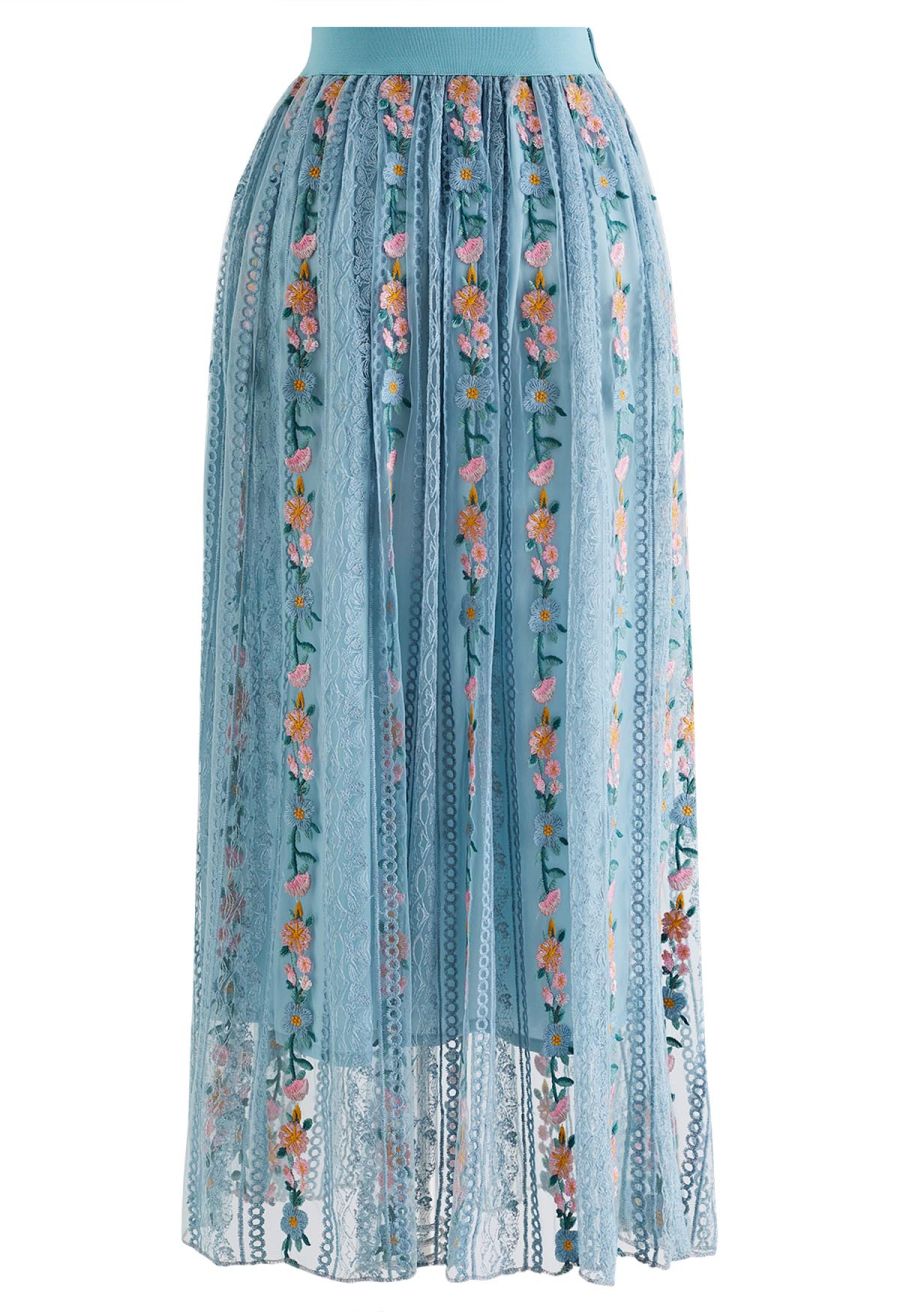 Flower Chain Embroidered Mesh Skirt in Dusty Blue