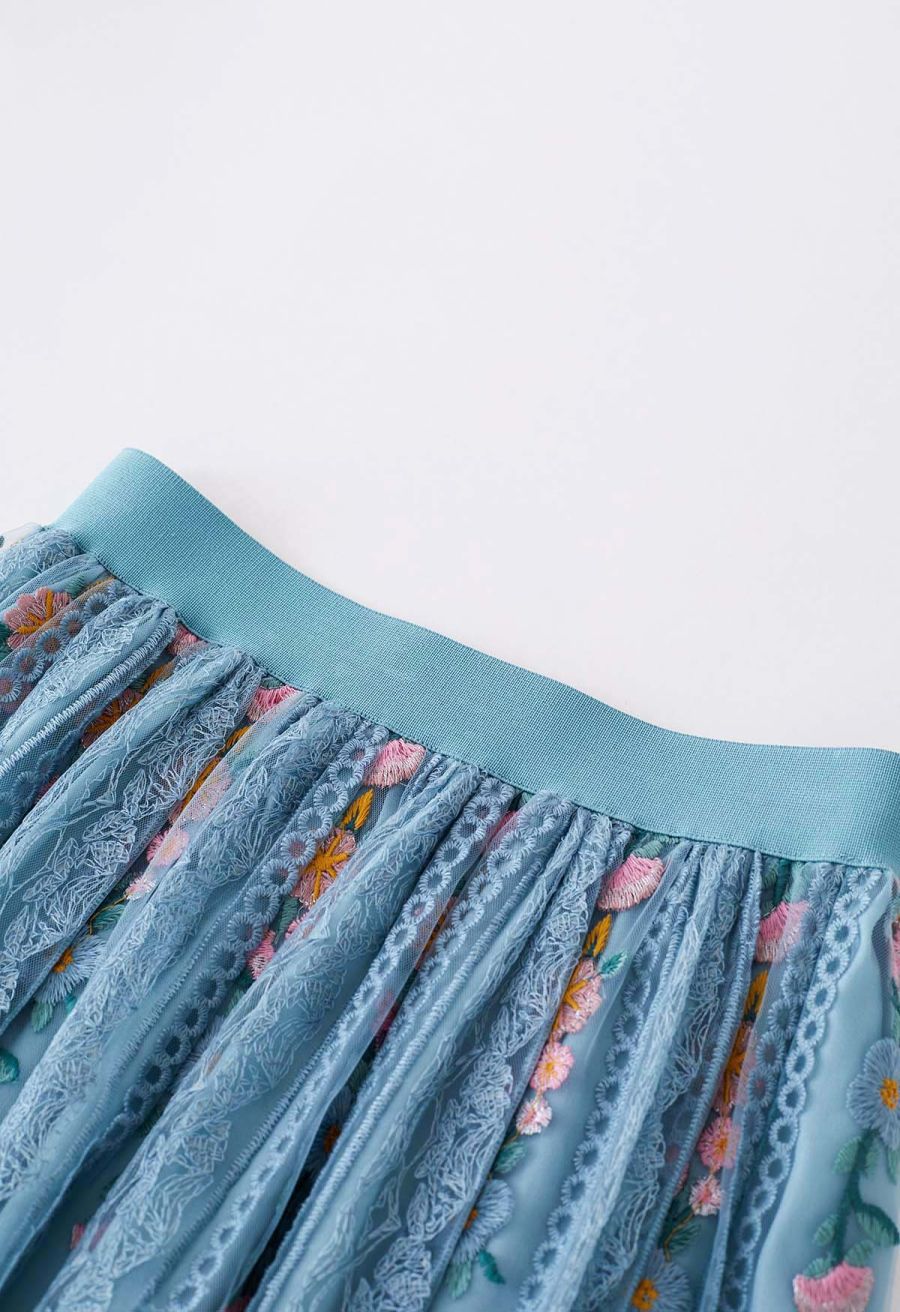 Flower Chain Embroidered Mesh Skirt in Dusty Blue
