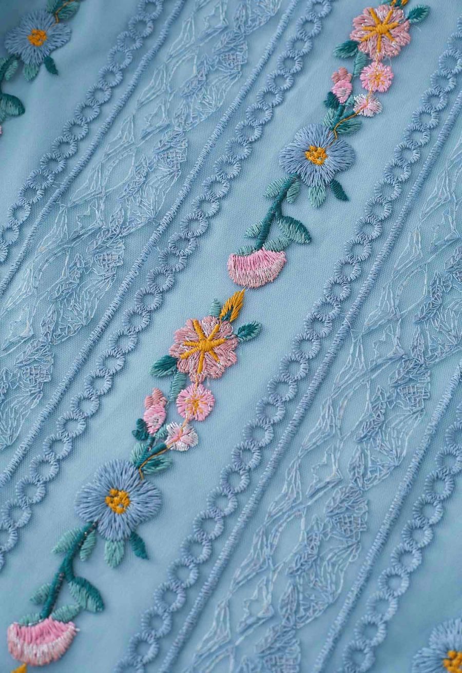 Flower Chain Embroidered Mesh Skirt in Dusty Blue