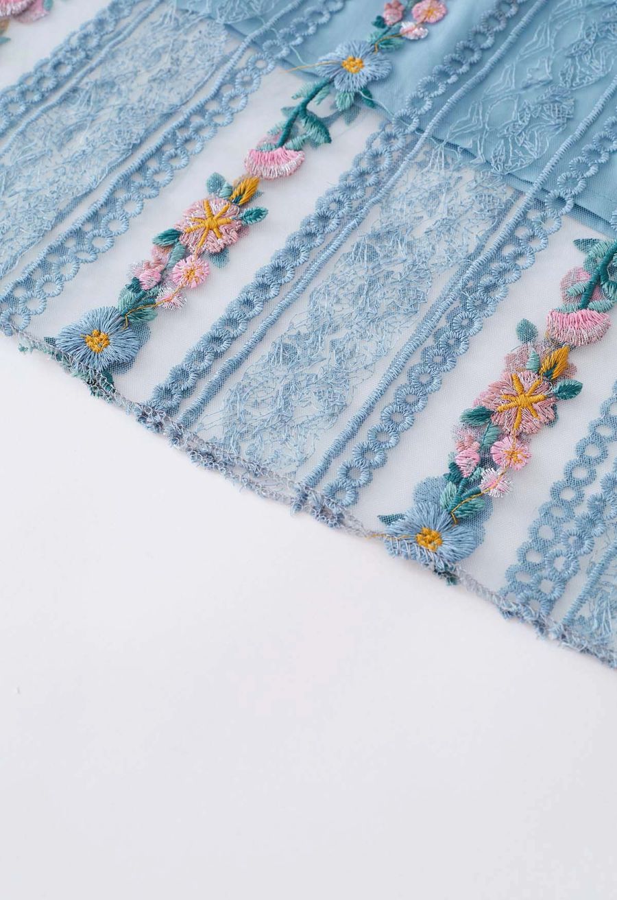 Flower Chain Embroidered Mesh Skirt in Dusty Blue