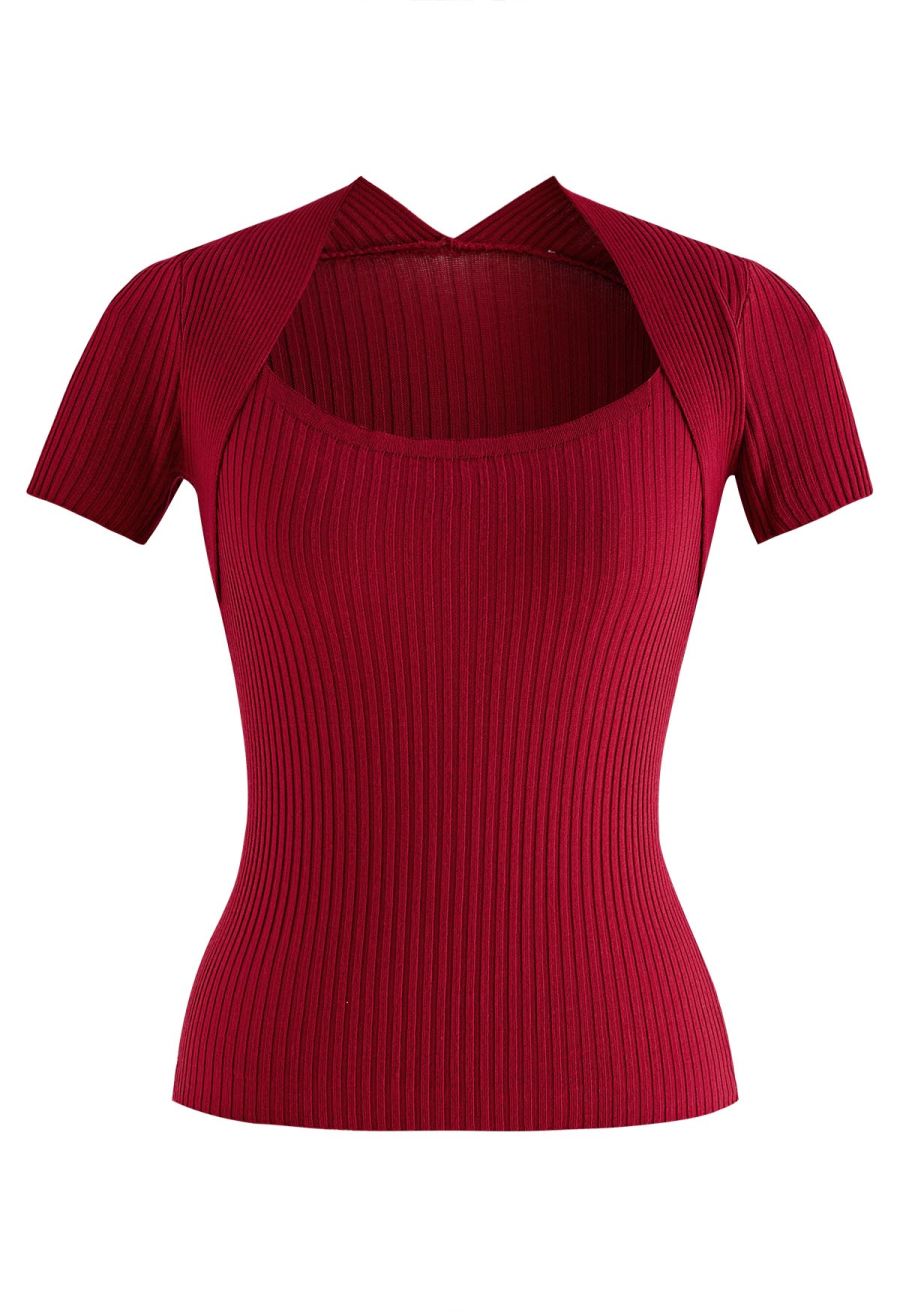 Square Neckline Ribbed Knit Top in Red