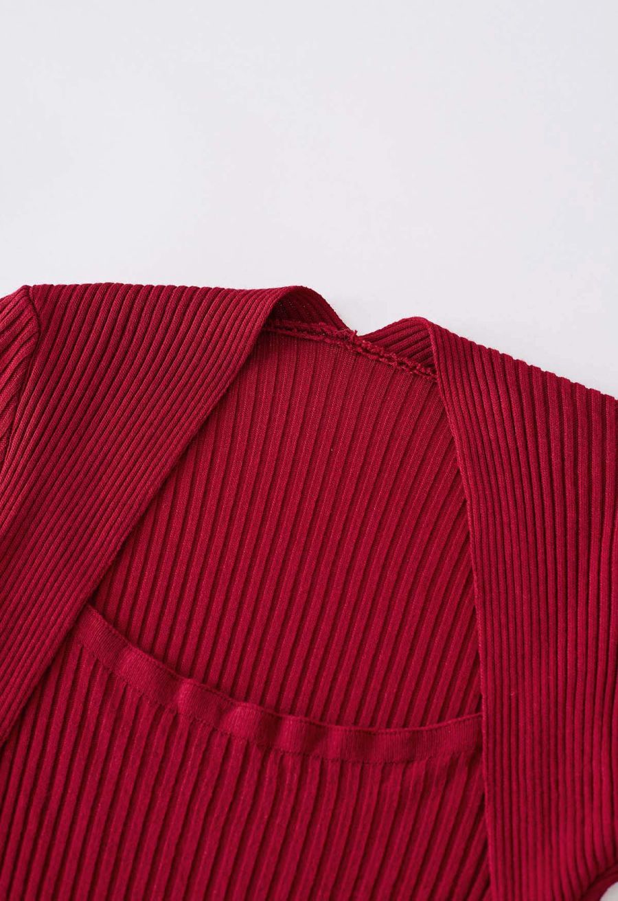 Square Neckline Ribbed Knit Top in Red