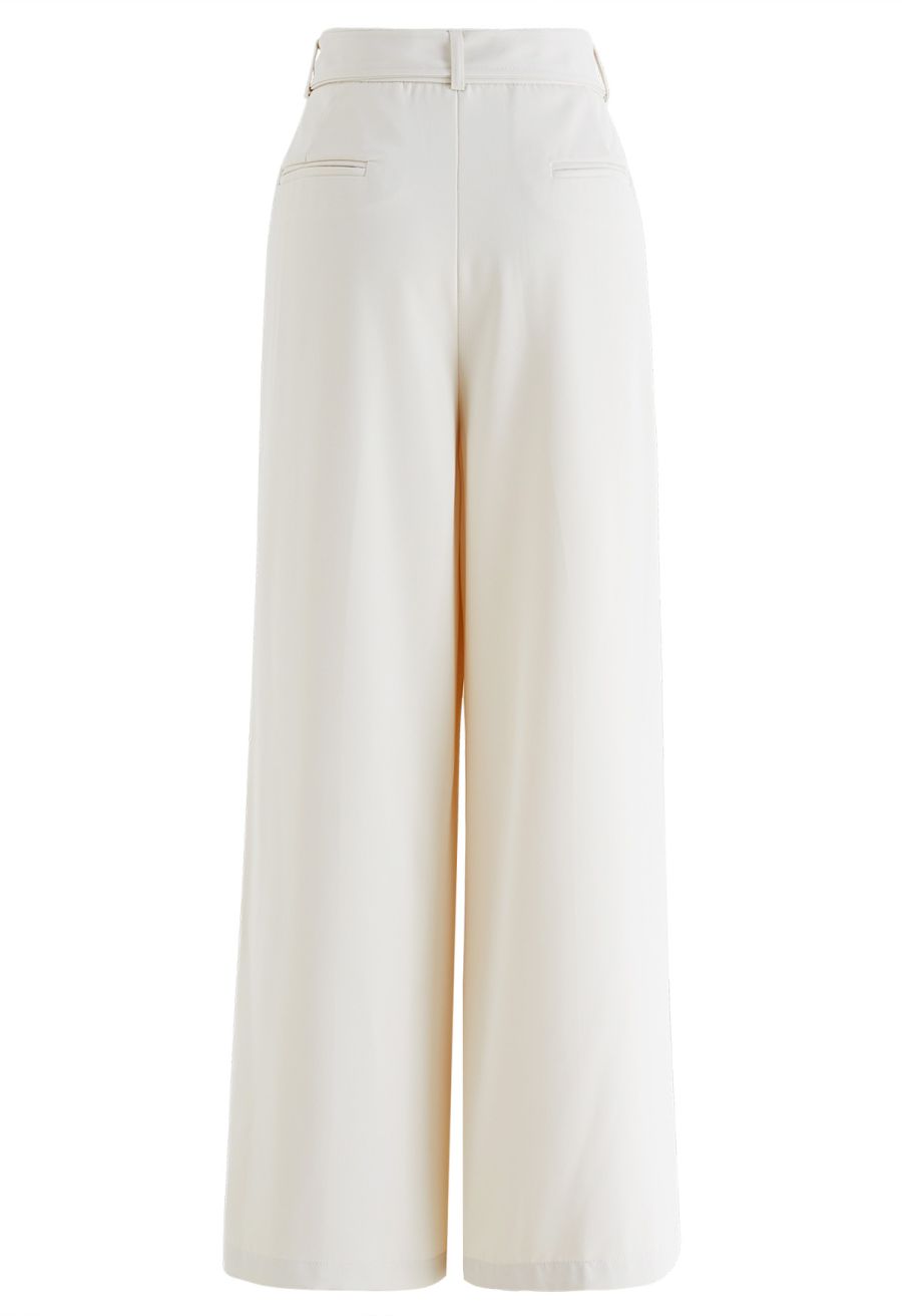 Sleek Belted Straight-Leg Pants in Ivory
