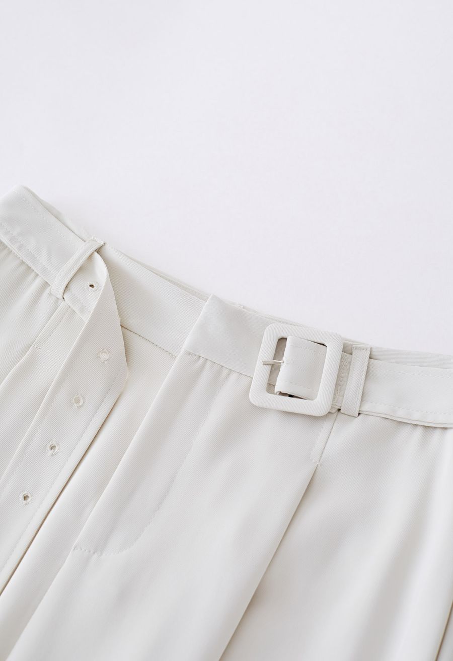 Sleek Belted Straight-Leg Pants in Ivory