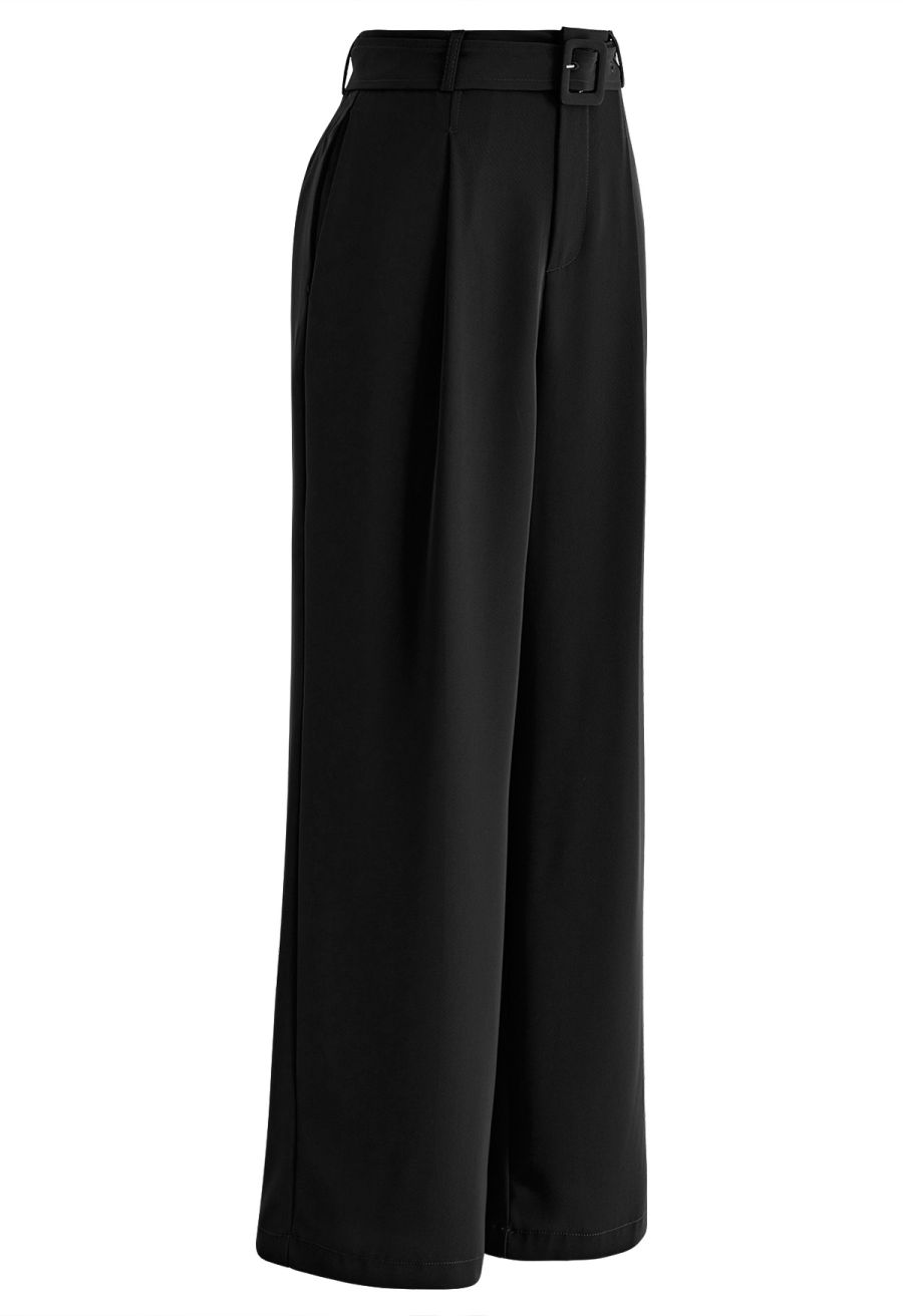Sleek Belted Straight-Leg Pants in Black