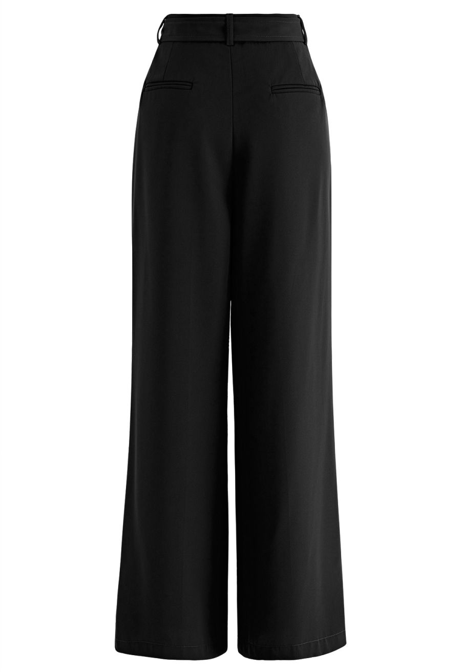 Sleek Belted Straight-Leg Pants in Black