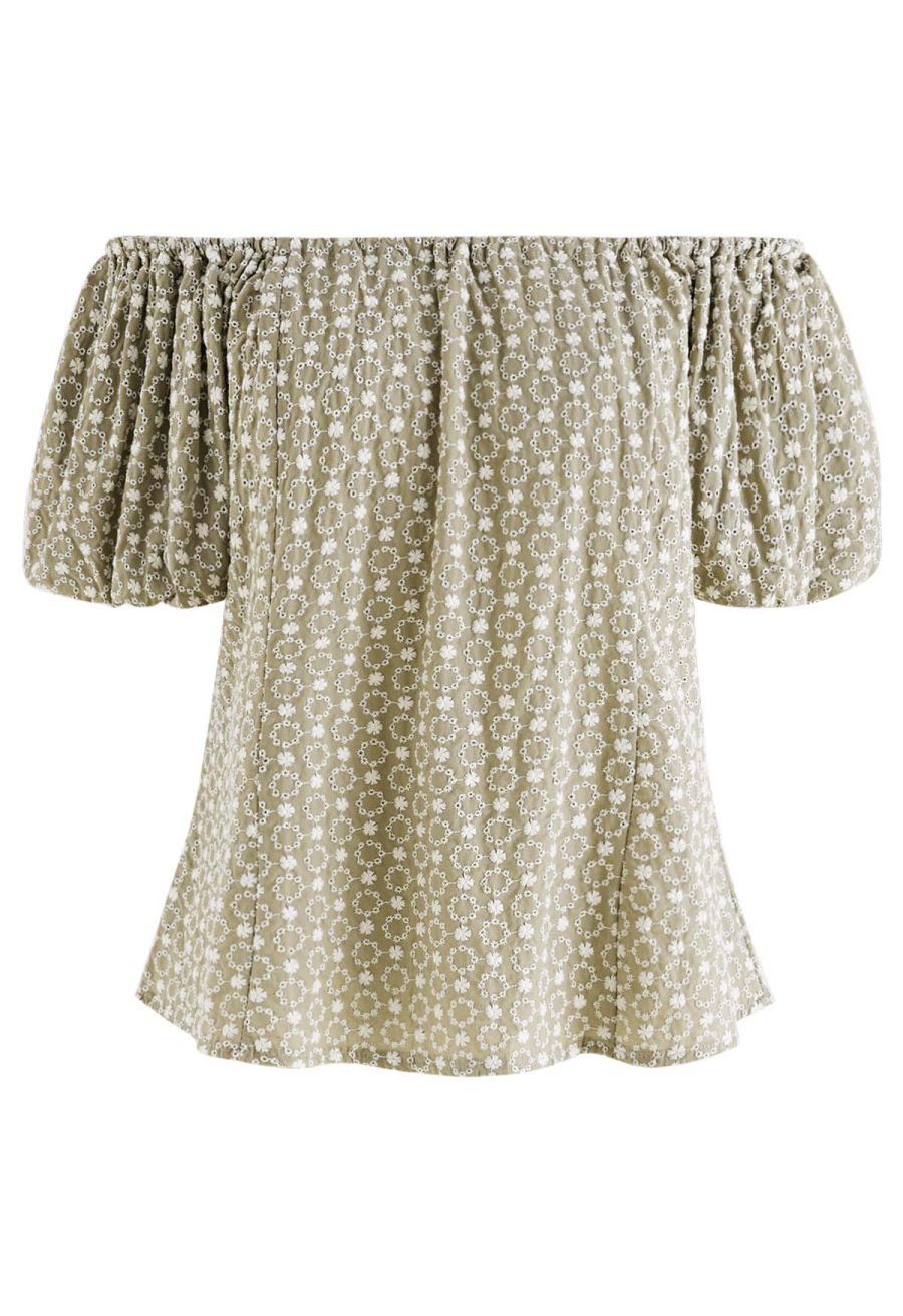 Floret Embroidered Eyelet Off-Shoulder Dolly Top in Sage