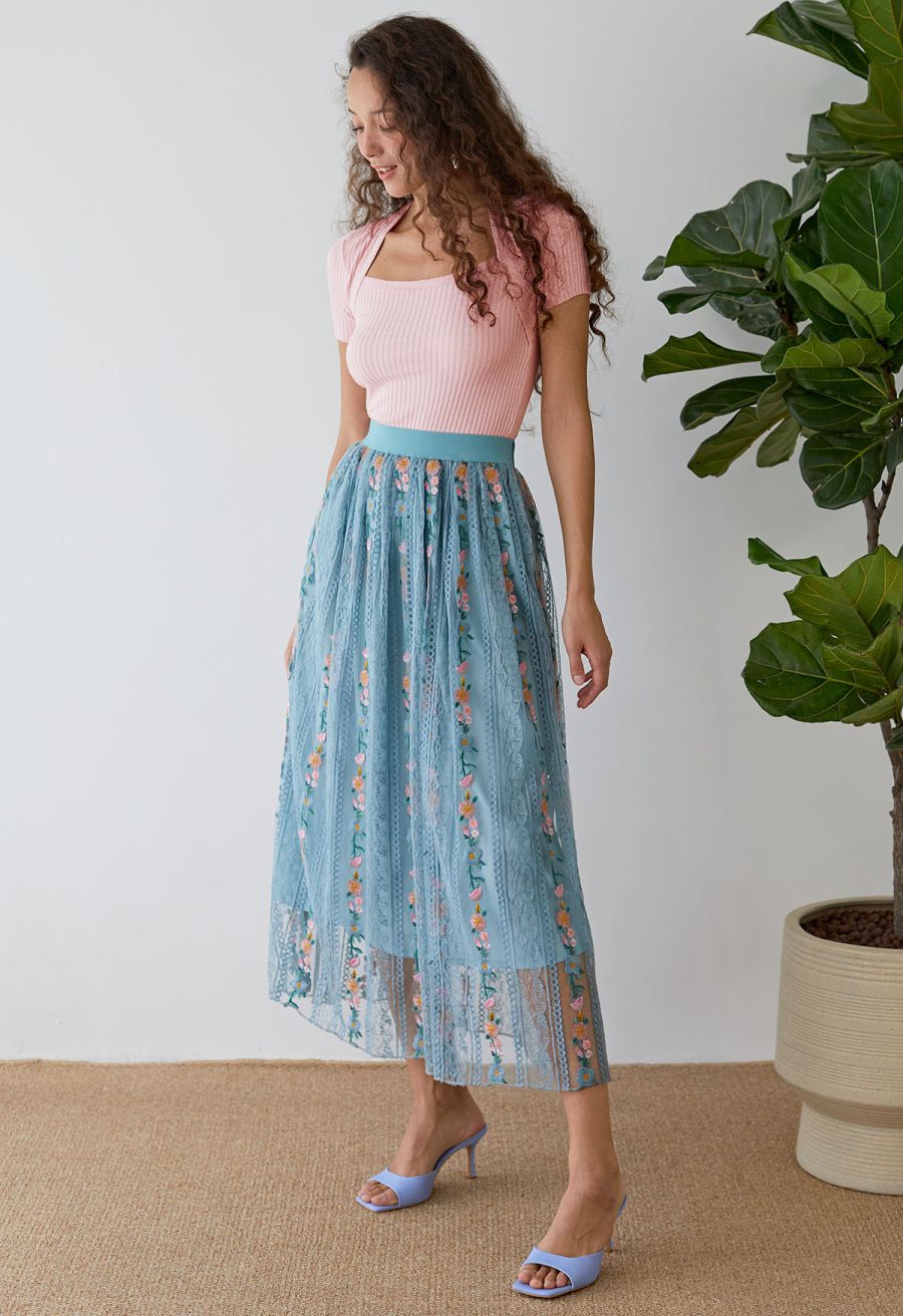 Flower Chain Embroidered Mesh Skirt in Dusty Blue