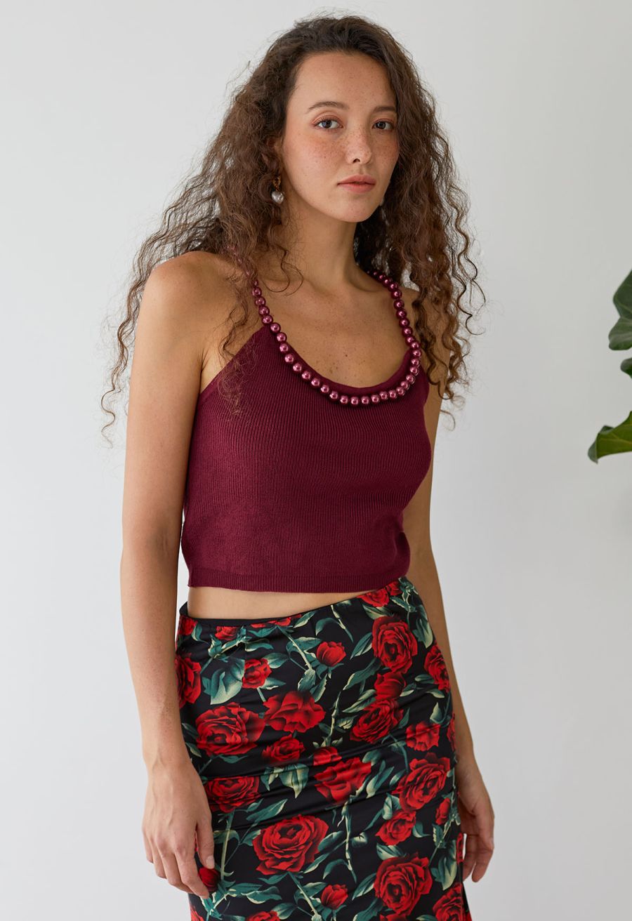 Beaded Strap Knit Crop Top in Red