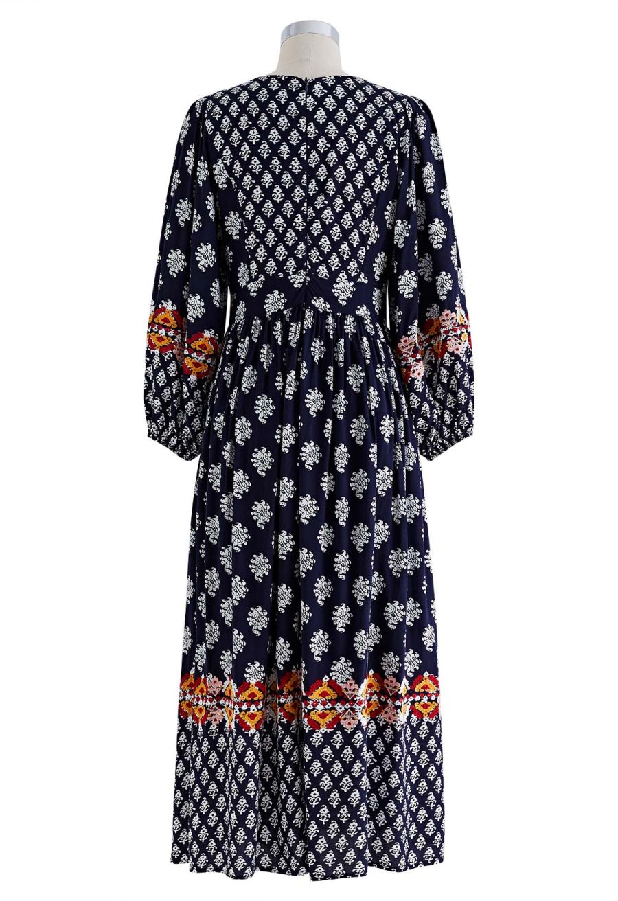 Bohemian Printed Elbow Sleeves Midi Dress