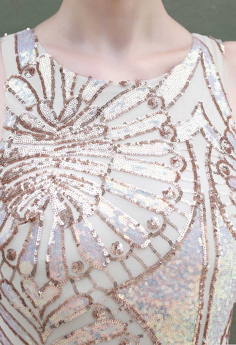 Sequined Floral Cocktail Dress in Gold