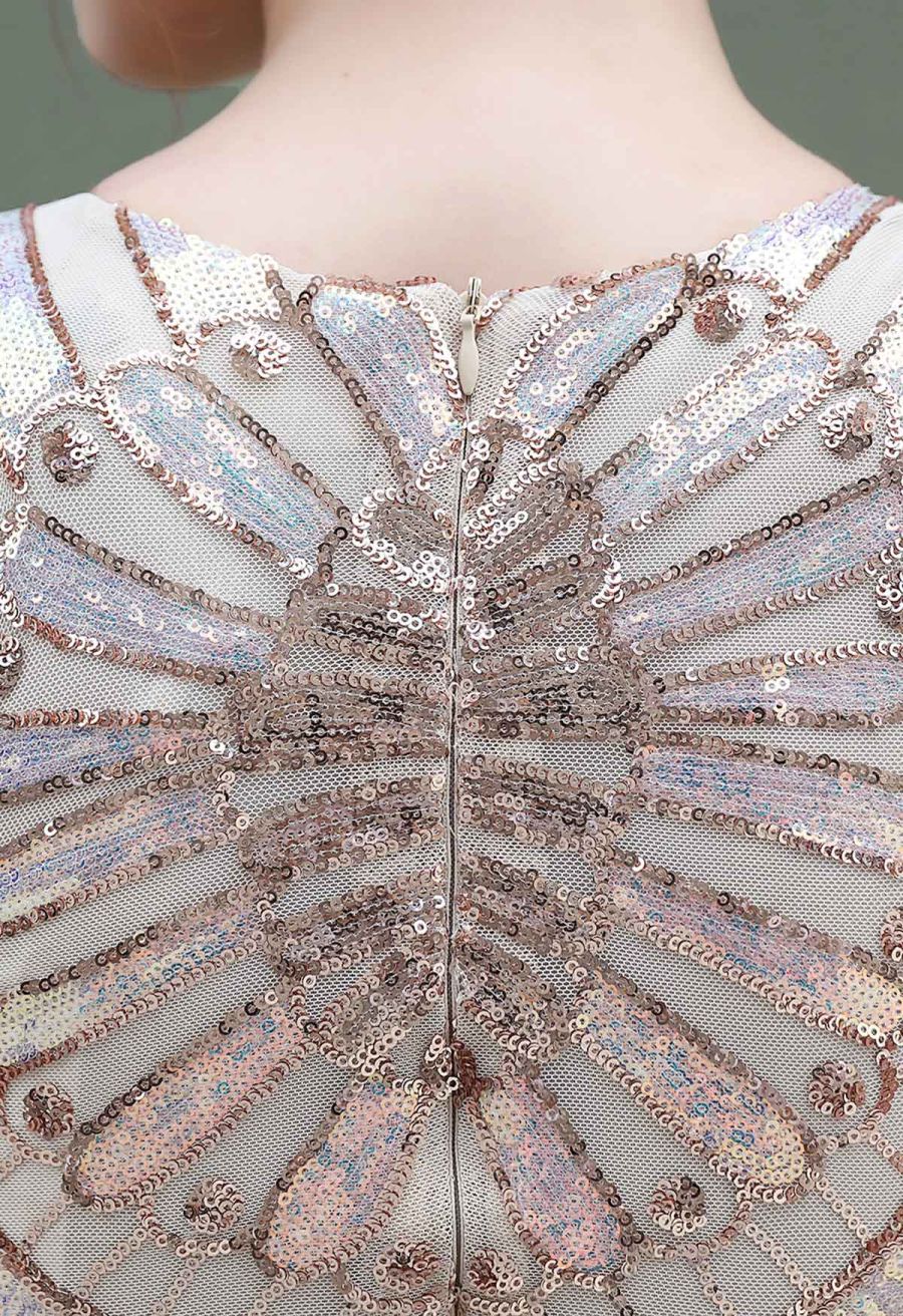 Sequined Floral Cocktail Dress in Gold
