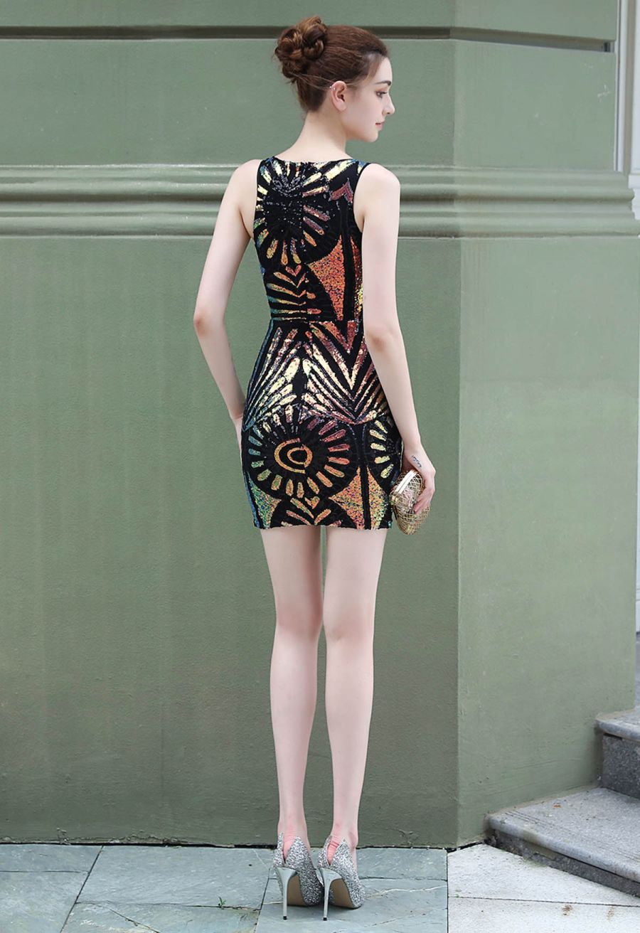 Sequined Floral Cocktail Dress in Black
