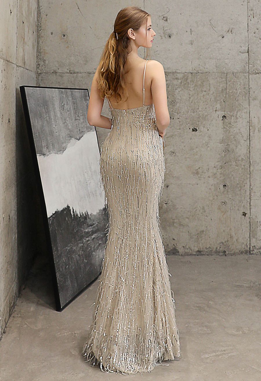 Sequin Tassel Mermaid Gown in Silver