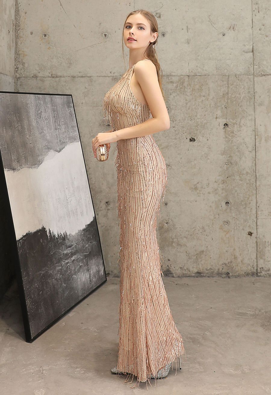 Sequin Tassel Mermaid Gown in Champagne