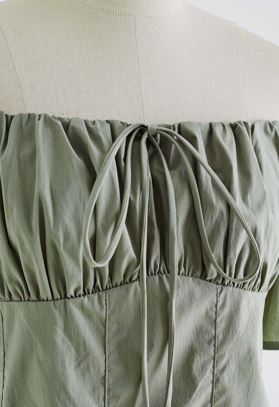 Off-Shoulder Tie-String Crop Top in Pea Green