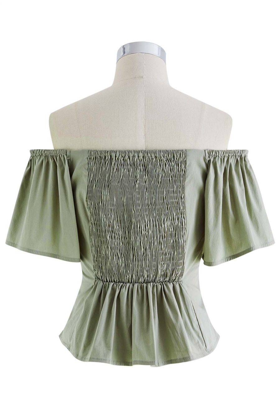 Off-Shoulder Tie-String Crop Top in Pea Green