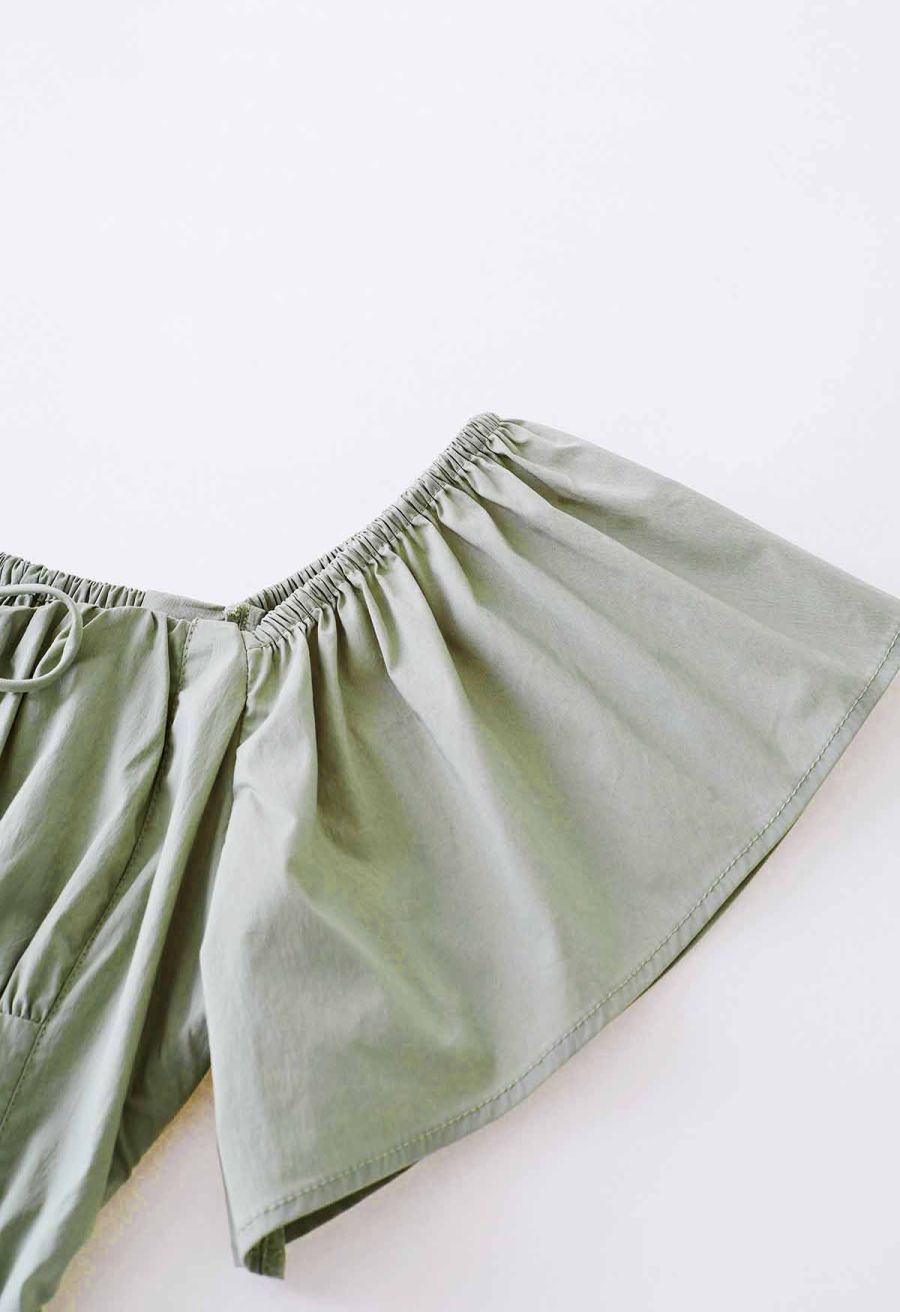 Off-Shoulder Tie-String Crop Top in Pea Green