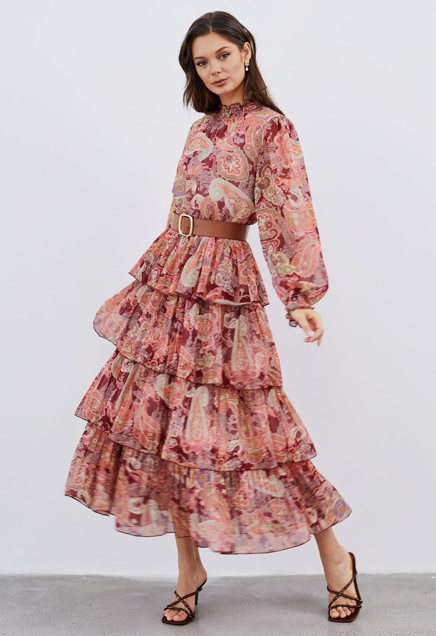 Paisley Printed Belted Tiered Chiffon Dress in Red