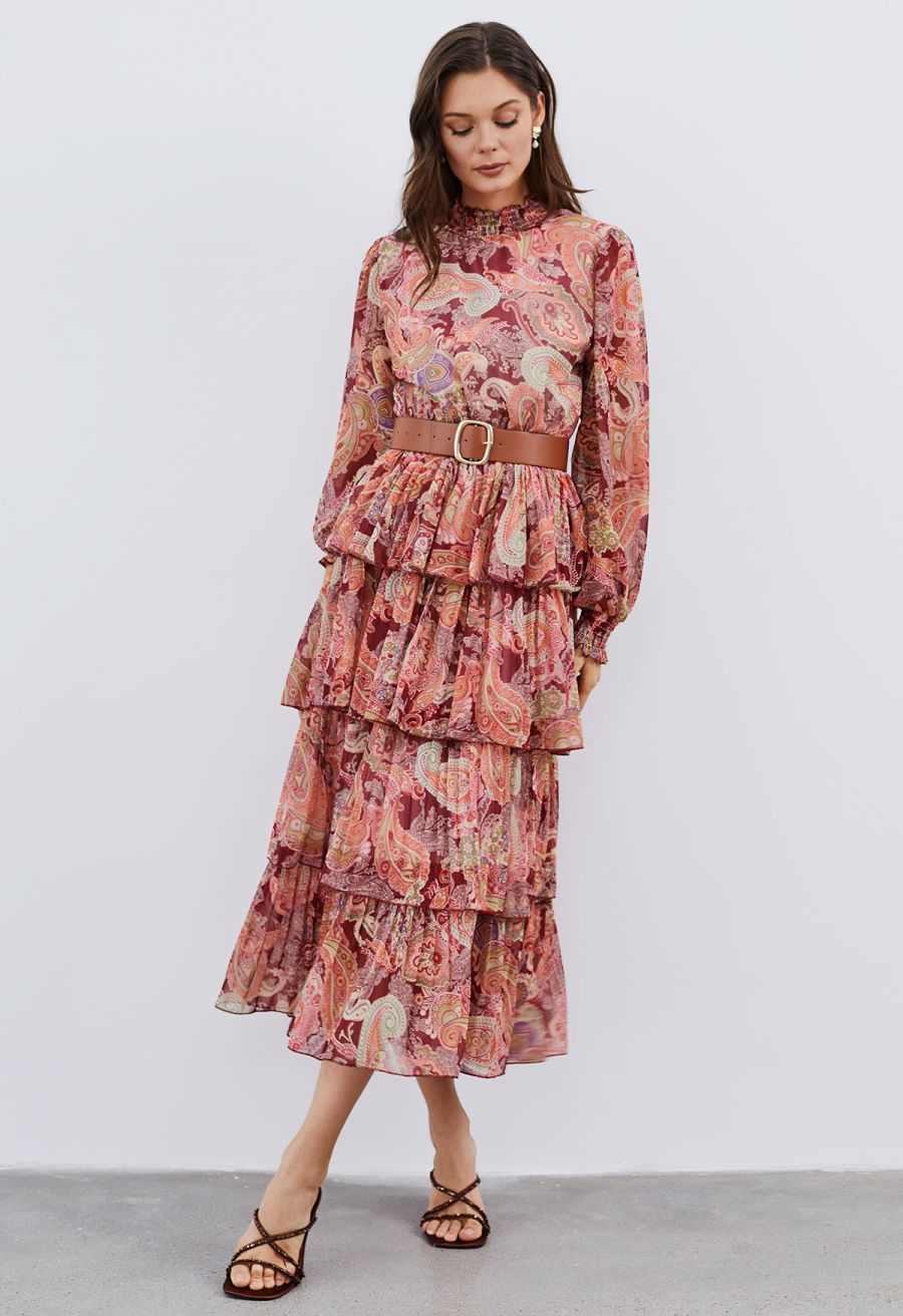 Paisley Printed Belted Tiered Chiffon Dress in Red