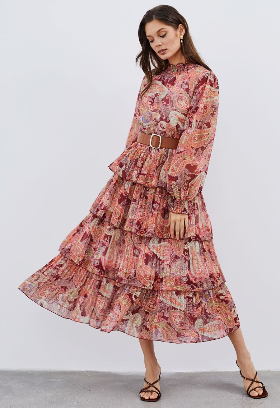 Paisley Printed Belted Tiered Chiffon Dress in Red