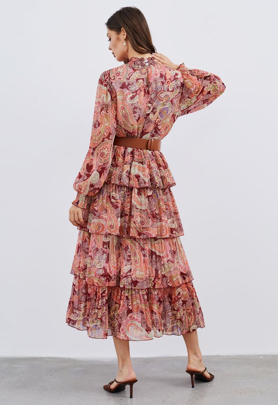 Paisley Printed Belted Tiered Chiffon Dress in Red