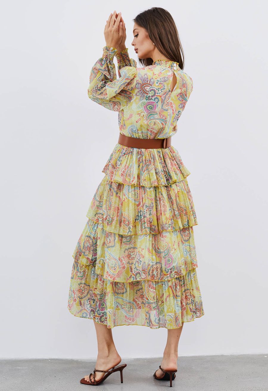 Paisley Printed Belted Tiered Chiffon Dress in Yellow
