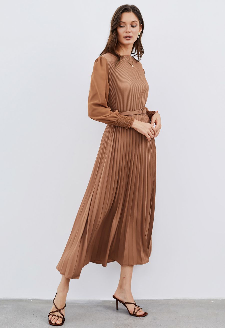 Full Pleated Belted Maxi Dress in Tan Halloween Costumes