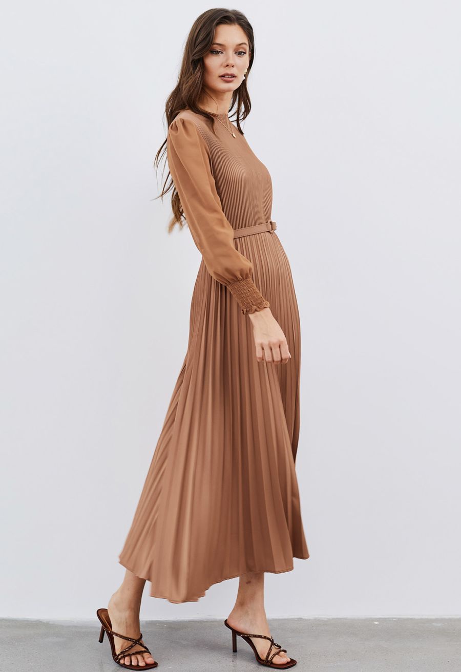 Full Pleated Belted Maxi Dress in Tan Halloween Costumes