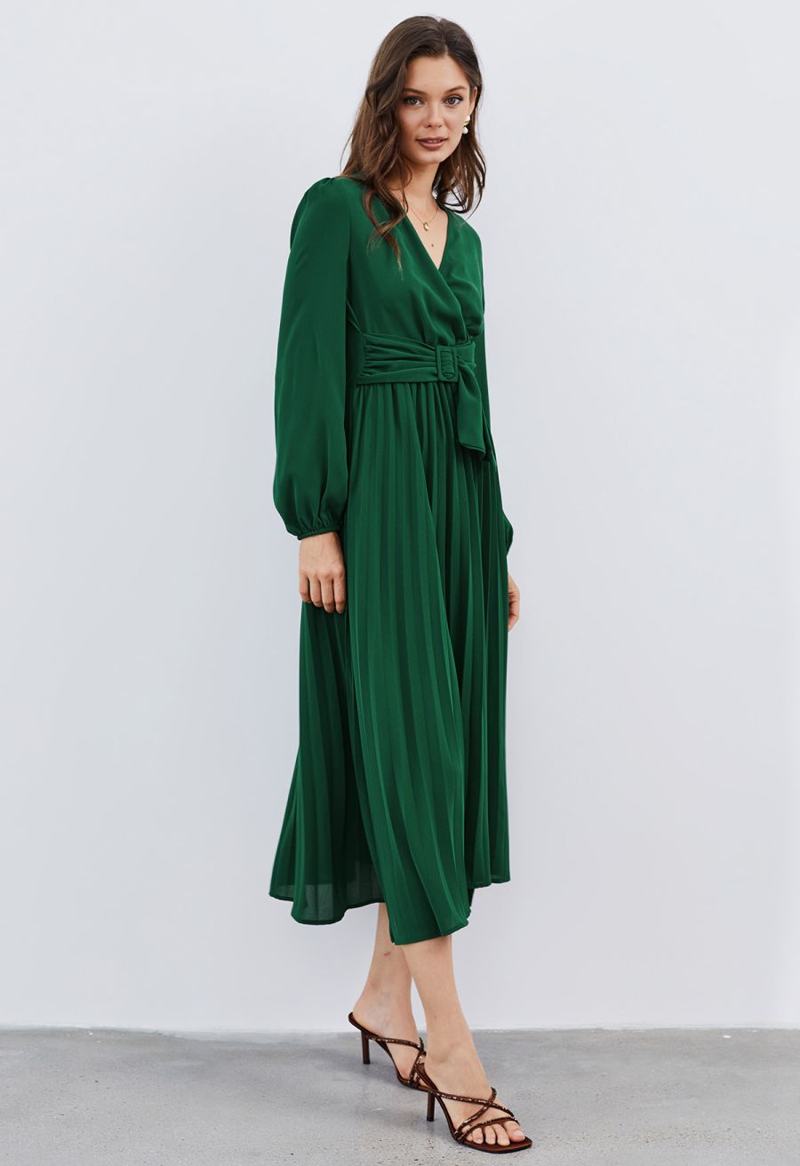 Wrap Front Buckle Belt Dress in Dark Green