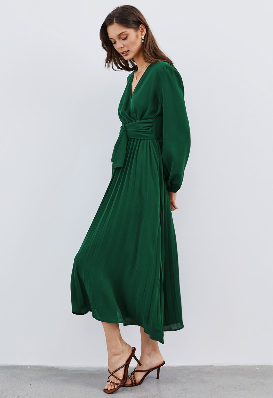 Wrap Front Buckle Belt Dress in Dark Green