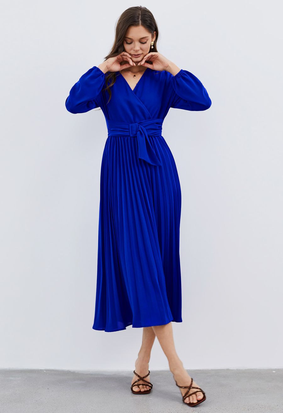 Wrap Front Buckle Belt Dress in Indigo