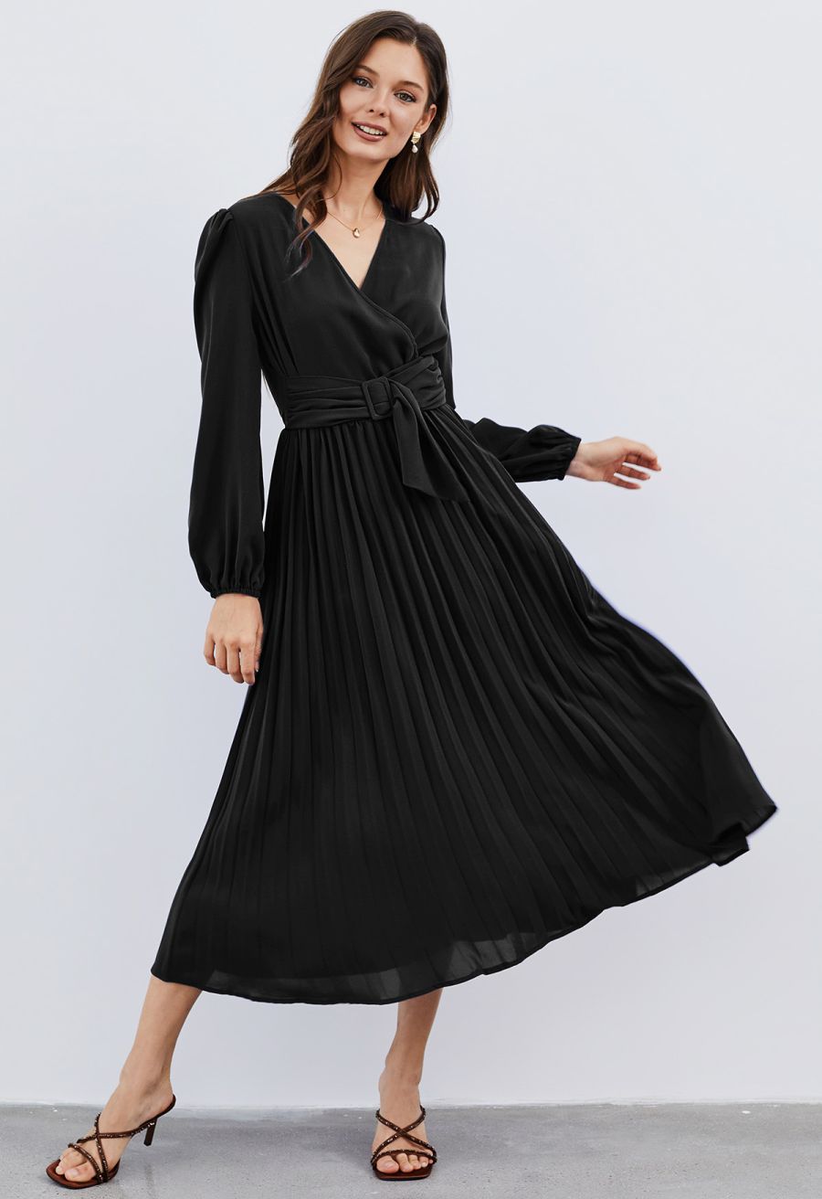 Wrap Front Buckle Belt Dress in Black