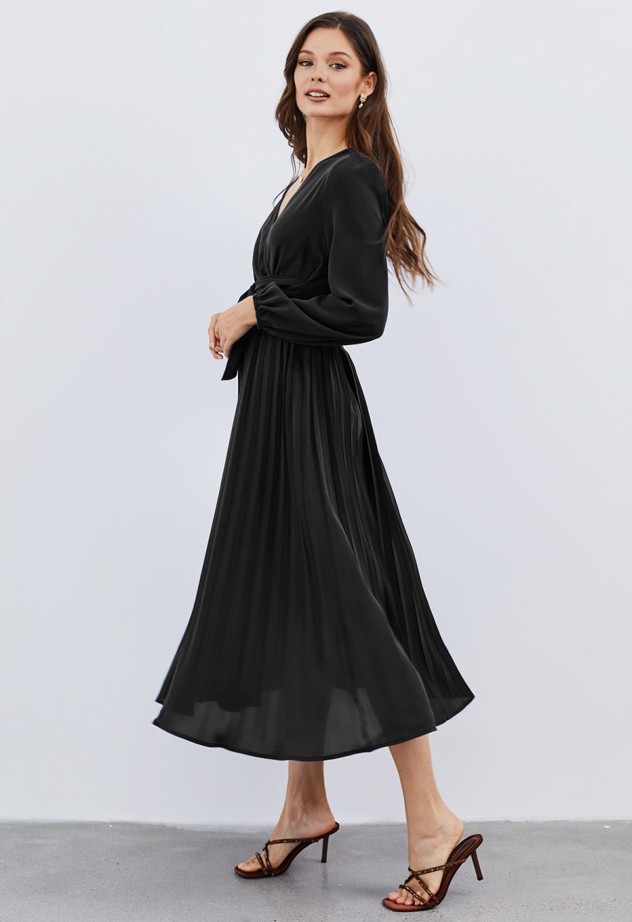 Wrap Front Buckle Belt Dress in Black